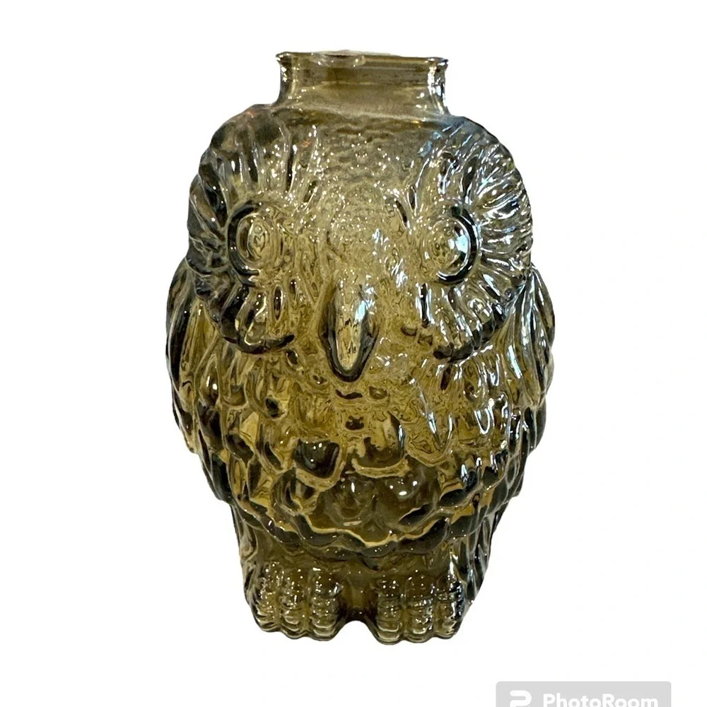 Vintage Wise Old Owl Libbey Glass Piggy Owl Bank Brown Amber Pressed Glass Birds